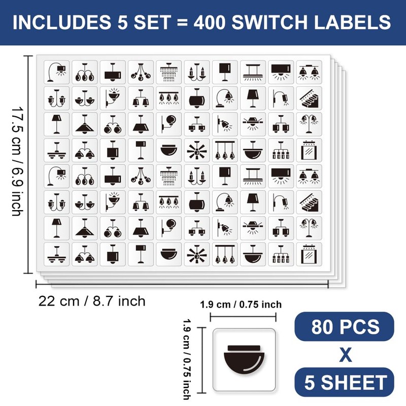 GOMAKERER Pack of 400 Light Switch Stickers, 40 Designs, Transparent