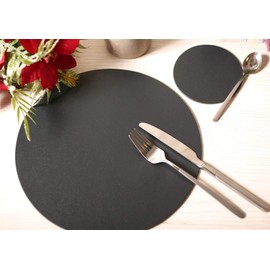 Set of 4 Charcoal Elementary Round Leatherboard Placemats and 4 Coasters - Made in Britain