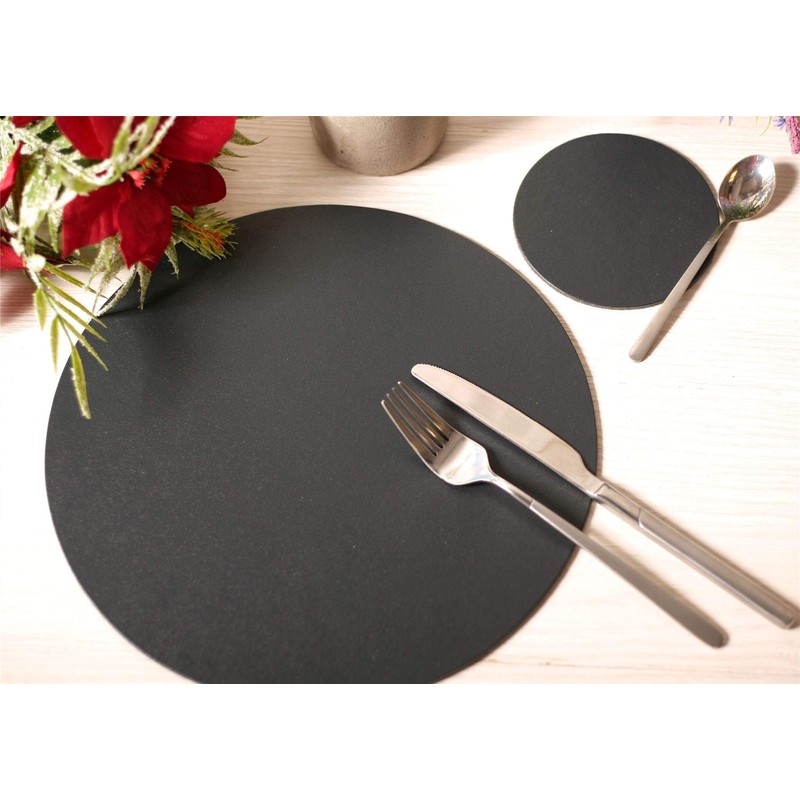 Set of 4 Charcoal Elementary Round Leatherboard Placemats and 4