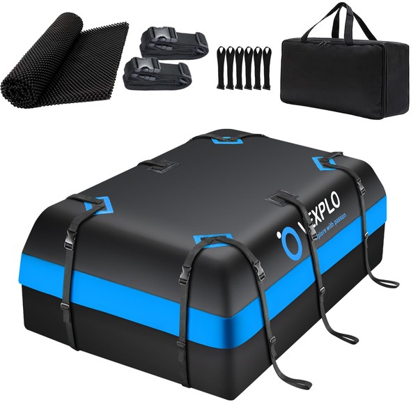 VEXPLO Car Roof Bag Rooftop Cargo Carrier for Top of Vehicle 100% Waterproof 16 Cubic Feet Topper Luggage Carriers for Cars with/Without Racks- Anti-Slip Mat, 6Door Hooks, Storage Bag, 2Extra Straps