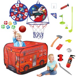 Houzefun Pop Up Tents for Kids, Indoor Playhouse for Toddler with Golf, Dart, Basketball Hoop and Firefighting Playset, Camping Tent for Toddlers 1-3, Flat-Folding Fire Truck Play Tent