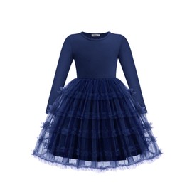 Arshiner Toddler Tutu Dress Girls Long Sleeve Fall Winter Ruffle Tiered Holiday Party Tulle Dresses Navy Blue Toddler Girl Dress 5-6Y