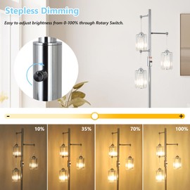 Stepeak Modern Crystal Floor Lamp for Living Room, 3 Lights Dimmable Standing Lamp, Industrial Silver Tree Lamp with Crystal Shade, Dimmer Switch, 65" Tall Corner Lamp for Bedroom Reading, Chrome