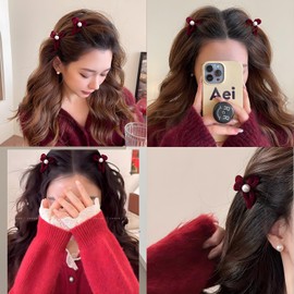 2pcs Women's Red Velvet Faux Pearl Knot Bow Tie Hair Clip + Small Faux Pearl Hair Claw Clips, Elegant Campus Look, Suitable For Party Outfit, Dance Outfit And Daily Use Valentine's Day Valentines