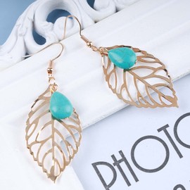 Cimenexe Bohemian Leaf Turquoise Drop Earrings Gold Hollow Leaf Earrings Tiny Tear Turquoise Earrings Tribal Turquoise Leaf Dangle Earrings Jewellery for Women and Girls