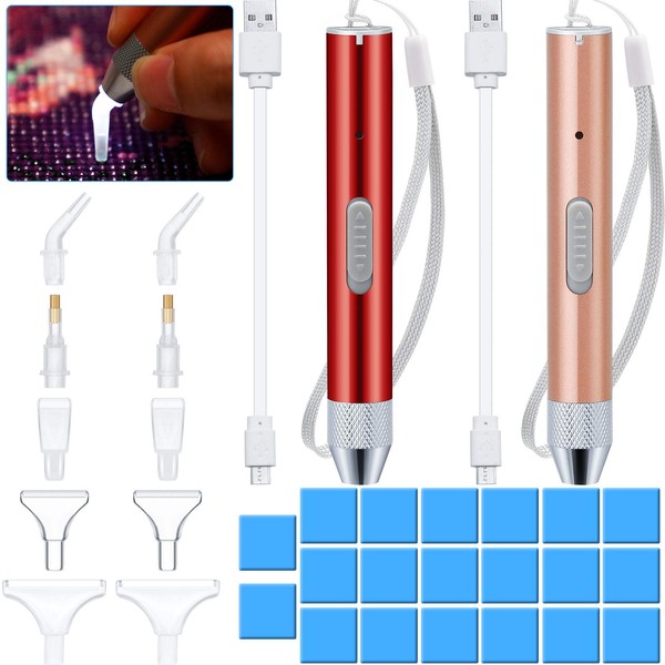 2 Pieces Diamond Painting Accessories Pen LED Light Point Drill Pen with 10 Pieces Pen Heads, 40 Pieces Painting Glue Clay 5D Diamond Painting Tool Accessories for Nail Art DIY Painting Crafts (Red)