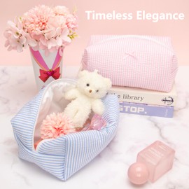 PAZIMIIK Cozy Makeup Bag Small Aesthetic Travel Zipper Cosmetic Pouch for Women Make Up Beauty Accessories Brushes Stripe Blue