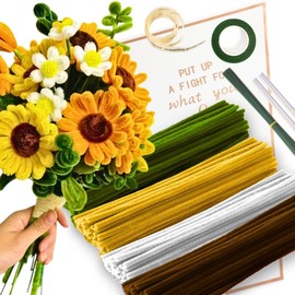 Sunflower Pipe Cleaner Kit with 150 Pcs Pipe Cleaners Colourful in 4 Colours(Brown,Dark Yellow,White,Green),8 Pcs Green Floral Wire,Floral Tape,Flower Wrapping Paper and Ribbon