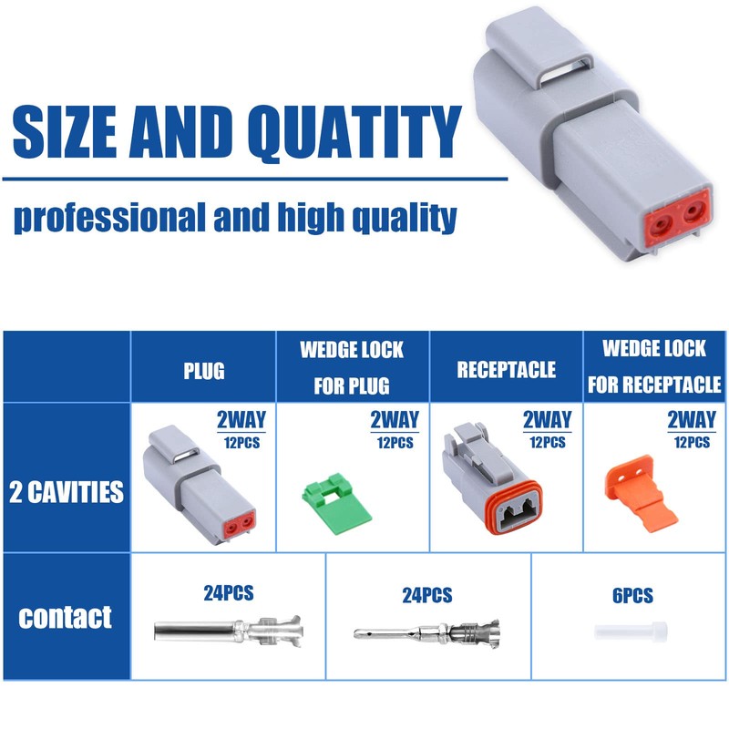 102PCS 2 Pin Way Deutsch DT Gray Connector 12 Set，Size