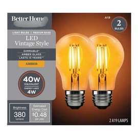 P L-RA A19 Vintage LED Amber Light Bulb, 40 Watt Eqv, Dim, Amber Finish - 2 Pk - Dimmable with A Sharp Color Rending (CRI) of 80, 380 Lumens of Brightness