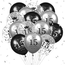 15th Birthday Balloons Kids Decorations 15pcs Black Silver Happy 15th Birthday Party Latex Confetti Balloons for Kids Boys Girls 15th Anniversary Happy Birthday Party Decor Supplies 12 inches
