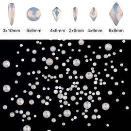 Tisslan 60pcs 6 Different Designs Flatback White Opal Nail Crystal Gems Shaped and 480pcs Round Diamond Rhinestones Assortment for Nail Decoration Charms