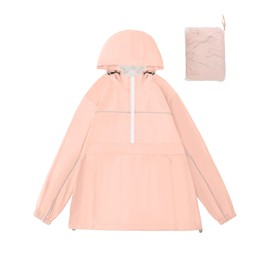 Avoogue Women Raincoat Active Outdoor Waterproof Windproof Rain Jacket Packable Fashion Hooded Reflective Double Layer Slicker(Light Pink,XXL)