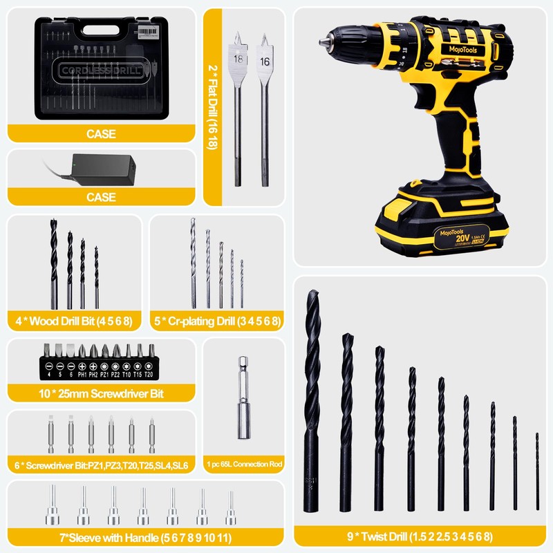MoJoTools 20V Cordless Drill Set – 1×2.0Ah Battery, 3/8” Keyless