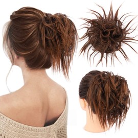 HMD Tousled Updo Messy Bun Hairpiece Hair Extension Ponytail with Elastic Rubber Band Updo Ponytail Hairpiece Synthetic Hair Extensions Scrunchies Ponytail Hairpieces for Women(Tousled Updo Bun, Dark Brown mix Light Auburn)