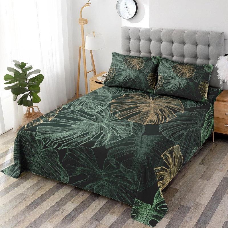 WeCozy King Size Bed Sheet Sets with Pillowcases, Green Tropical