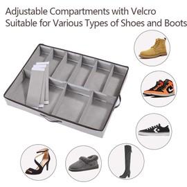HOONEX Under Bed Shoe Storage Organizer with Adjustable Dividers, Shoe Holder with Leather Handles, 1 Pack, Store 12 Pairs, Grey
