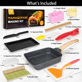 FUNGYAND Tamagoyaki Pan Set, 12-in-1 Japanese Omelette Pan with Spatula, Bamboo Mat, Knife, and Sushi Accessories - 5x7 Inches Deluxe Cookware