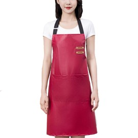 GEMBITYFUL Waterproof Aprons for Men Women with Large Pockets PU Material Waterproof Oil-proof and Dust-proof Apron Red