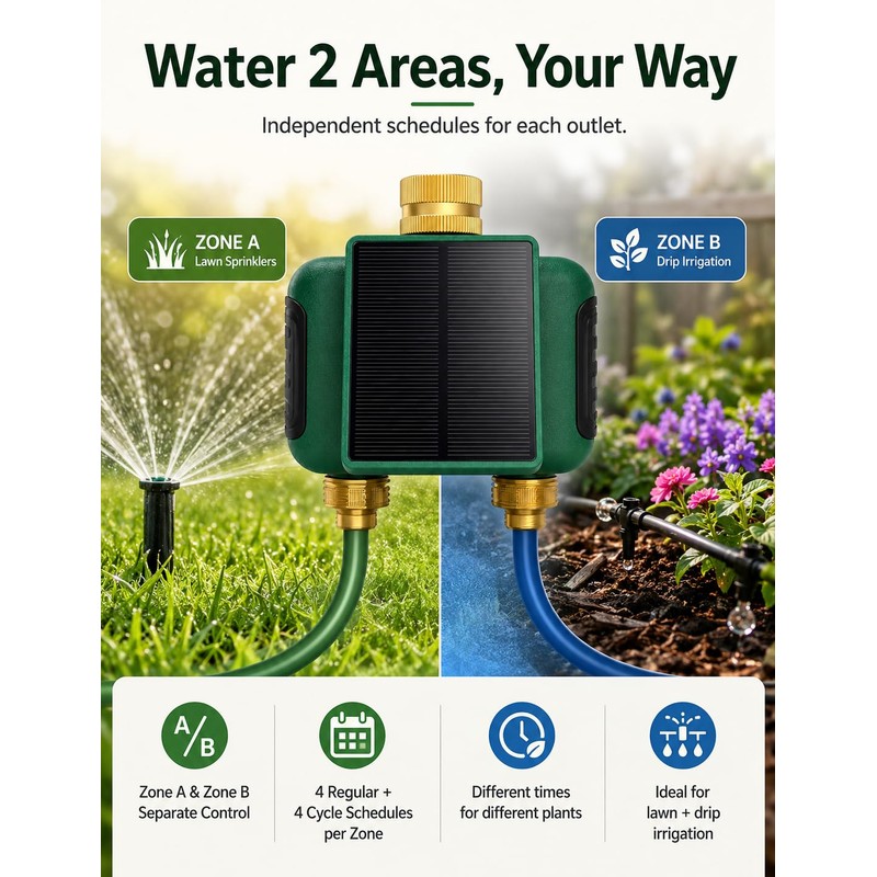 MOES Solar WiFi Hose Timer, 2-Zone Sprinkler Water Timer, Brass