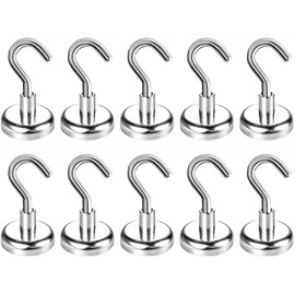 Wukong Pack of 10 Neodymium Magnetic Hooks, Extra Strong, 25 mm Strong Magnets with Hooks, Small Magnetic Hooks Holds 19 kg (42 lb), Large Round Magnets for Fridges, Kitchens and Warehouses