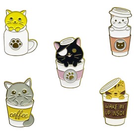 5 Pieces Cat Enamel Pins Set Cute Animal Enamel Lapel Pins for Backpacks Jackets Hats Bags Novel Pins Badge Gifts Jewelry (Cat with cup)