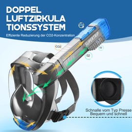 Supertrip Adult Snorkel Mask, Short Distance Snorkel, Quick Inhalation of Oxygen Diving Mask, CO2 Safe Sports Cameras, Compatible Full Face Mask (Grey/Blue, L/XL)