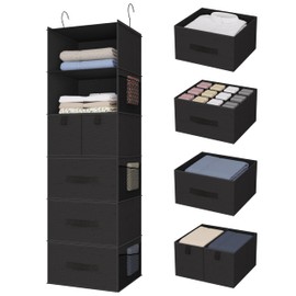 Bosuelife 6-Shelves Hanging Closet Organizer with 5 Different Drawers, Foldable Closet Organizers and Storage for Wardrobe, Closet& RV, Clothes and Accessories Storage, Non-Woven Fabric, Black