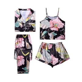 LYANER Women's Pajamas Set 4 pcs Satin Silk Cami Top Button Down Loungewear Pjs Set Black Medium