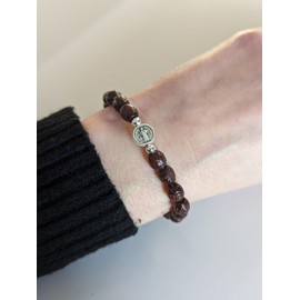 OVUNQUE PROTEGGIMI Saint Benedict of Norcia Medal Brown Wood Bracelet Elastic Rosary Bracelet Religious Gift for Men Women Made in Italy, Wood