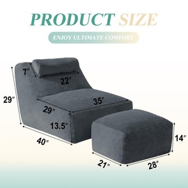 HABUTWAY Giant Bean Bag Chairs for Adults with Ottoman&Storage Pocket, Big BeanBag Chair Large Bean Bag Couch with Memory Foam Filled, Soft Faux Fur Bean Bag Sofa for Living Room(Dark Grey)