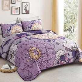 DJY Floral Quilt Set Queen Size Purple Boho Bedspread Coverlet Set, 3 Piece Botanical Quilt Soft Microfiber Farmhouse Floral Summer Quilt Bedding Set for All Season (96''x90'')