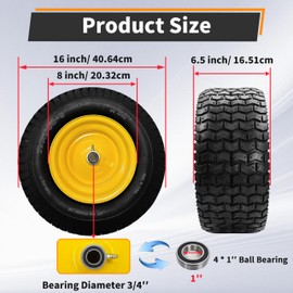 2PC Premium 16x6.50-8 Tubeless Lawn Mower Front Tire and Wheel Fit for Most John Deere & More Riding Mower, with 3" Offset Hub and 3/4" & (extra 1" Bearing), 4 Ply Tubeless, 35 Psi, 715 lbs Capacity