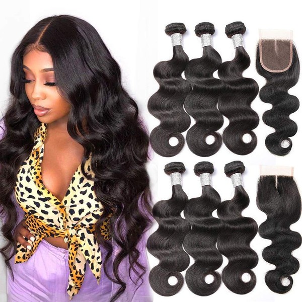 Beauty Princess Body Wave Human Hair 3 Bundles with Closure Double Weft 9A Brazilian Hair Bundles With Closure (16 18 20 with 14, Middle Part)