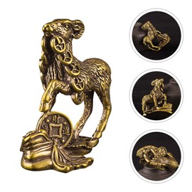 Chinese Zodiac Goat Sculpture Sheep Bite Money Figurine Desktop Animal Statue Ornament Brass Animal Model Table Top Decor for Office Bookshelf Golden