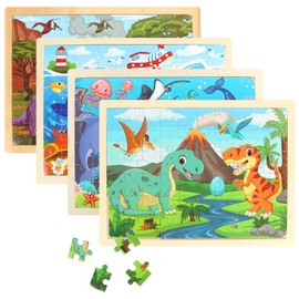 4 Packs Wooden Jigsaw Puzzles for Kids 3-6 Year Olds, Sea World Dinosaur Animals 60 Pieces Kids Puzzles Toys, Early Eduactional Puzzle Toy Game Gifts for Children