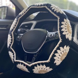 Handmade Crochet Black Granny Square Car Steering Wheel Covers Universal 14-15 inch for Women and Men (Steer Wheel Cover)