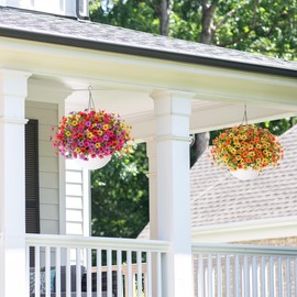 Artificial Fake Hanging Plants Flowers Basket for Outdoor Outside Decoration, Faux Silk Blue Daisy UV Resistant Look Real for Porch Patio Balcony Home Yard