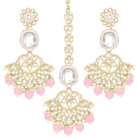 Aheli Gold Plated Pink Kundan & Beads Studded Ethnic Dangle Earring & Maangtikka Set Traditional Fancy Jewellery Gift for Women