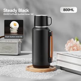 Simcat 800ml Thermal Flask 28 oz with Handle 316 Stainless Steel Vacuum Insulated Water Bottle, 24hr Keep Hot/Cold, Black Travel Tumbler, Daily Commute
