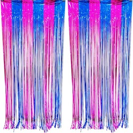 CYBERNOVA Pack of 2 Fringe Curtain Background, 1 m x 2 m Metallic Tinsel Foil Fringe Streamers Curtains Background for Wedding Birthday Anniversary Graduation Party Decoration (Pink-Blue)