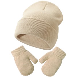 Baby Kids Hat Gloves Set - Newborn and Toddler Winter Warm Knitted Hat Gloves Set for 3 Months - 6 Years Girls Boys, beige