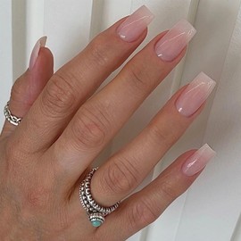 24PCS Short Square Press on Nails - French Tip False Nails - Light Gradient White Pink Fake Nails with Glue - Reusable Glossy Full Cover Stick on Nails for Women Girls