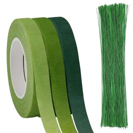afhgdjr 3 Rolls of Crepe Paper Green, Florist Ribbon, Florist Crepe Paper, Florist Tape Green, 100 Green Floral Wire, Suitable for Bouquets and Crafts