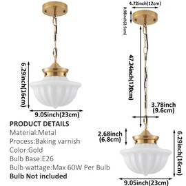 youngrender Schoolhouse Pendant Fixtures, 9" Brass Gold Milk Glass Pendant Light, Adjustable Mid Century Ceiling Pendant Lighting for Bedroom Kitchen Living Room Hallway Dining Room