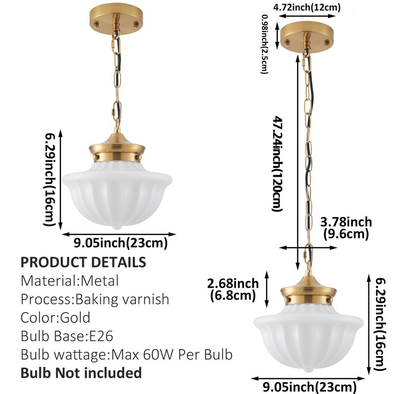 youngrender Schoolhouse Pendant Fixtures, 9" Brass Gold Milk Glass Pendant