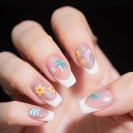 BQZQPAMZ 24pcs White French Tip Press on Nails Flowers Trees Medium Square False Nails Summer Glitter Glue on Nails With Designs Full Cover Acrylic Nails for Women DIY Floral Manicure