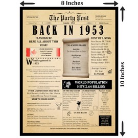 72nd Birthday Decorations - Anniversary Banner for Men or Women. Party Table Decor Poster. Back In 1953 Happy Bday 8x10 Sign Born 72 Years Ago Vintage Newspaper Card Turning 72 Years Old with Stand