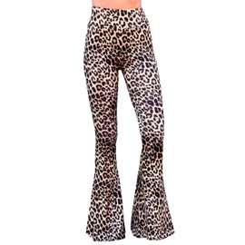Daisy Del Sol High Waist Comfy Stretch Boho 70s Bell Bottom Fit to Flare Lounge Yoga Pants, Leopard, Small