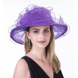 Lucky Leaf Women Derby Church Dress Hat Wide Brim Leaf Flower Bridal Shower Hat(Wave Purple)